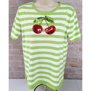 The Quacker Factory Green/White Sweater Sequin Cherries Retro Style Women's XS